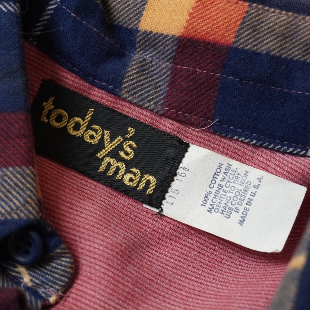 Vintage Todays Man Plaid Flannel Shirt L Mens 70s Blue Pink Corduroy USA Made - Picture 5 of 7